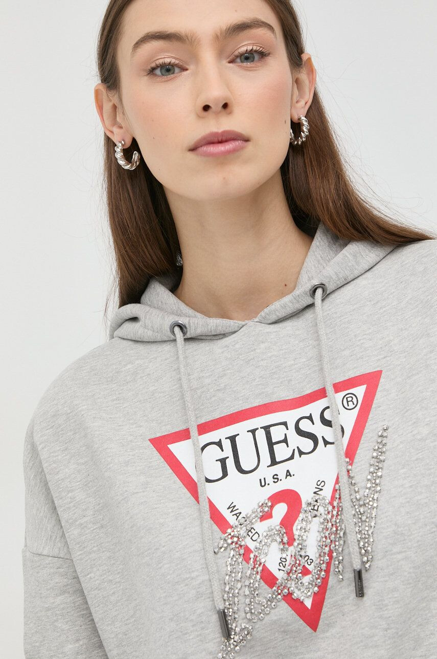 Guess Bluza ženska siva barva s kapuco - Pepit.si