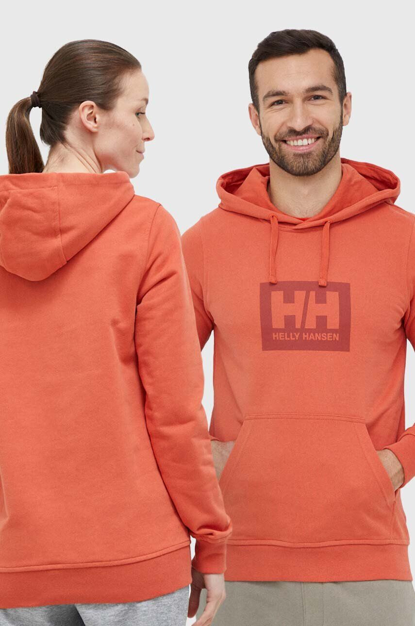 Helly Hansen Bombažen pulover oranžna barva s kapuco - Pepit.si