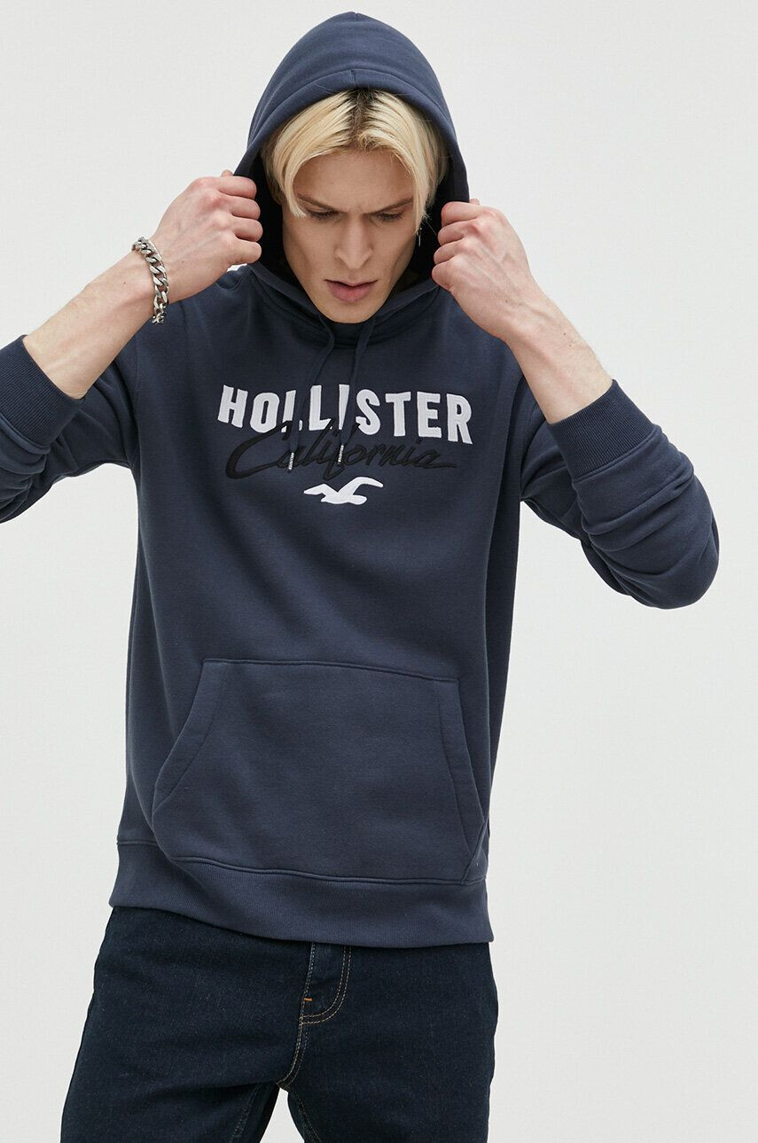 Hollister Co. Pulover moška mornarsko modra barva s kapuco - Pepit.si