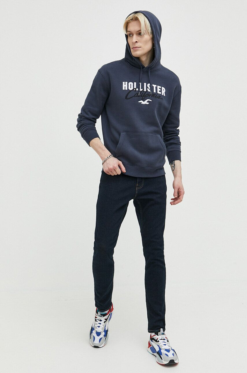 Hollister Co. Pulover moška mornarsko modra barva s kapuco - Pepit.si