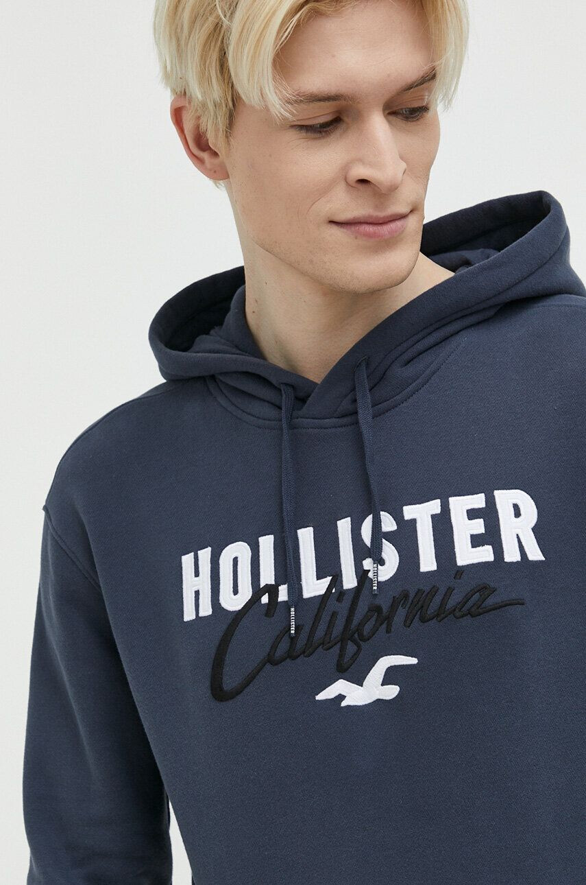 Hollister Co. Pulover moška mornarsko modra barva s kapuco - Pepit.si