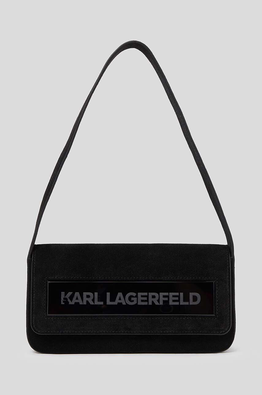 Karl Lagerfeld Torbica iz semiša ICON K MD FLAP SHB SUEDE črna barva - Pepit.si