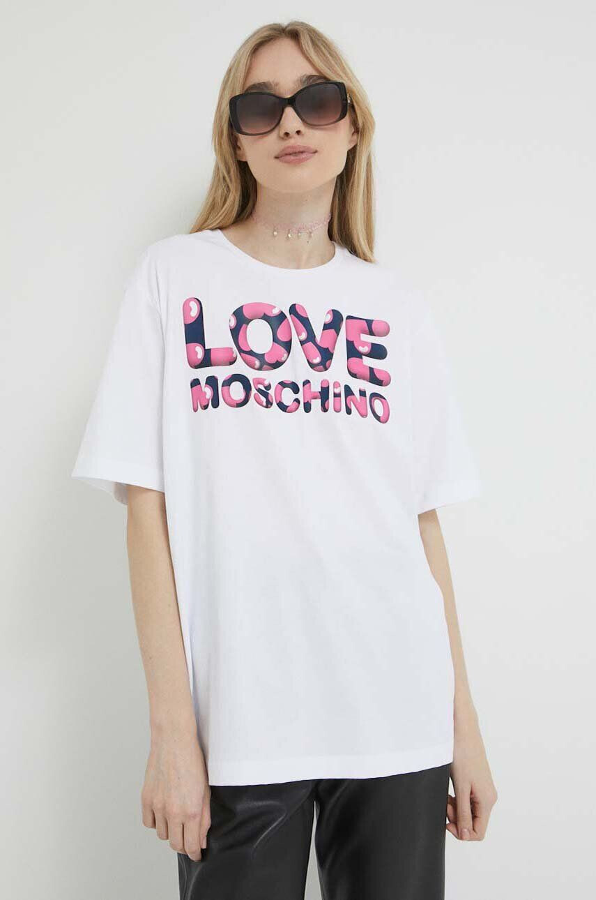 Love Moschino Bombažna kratka majica bela barva - Pepit.si