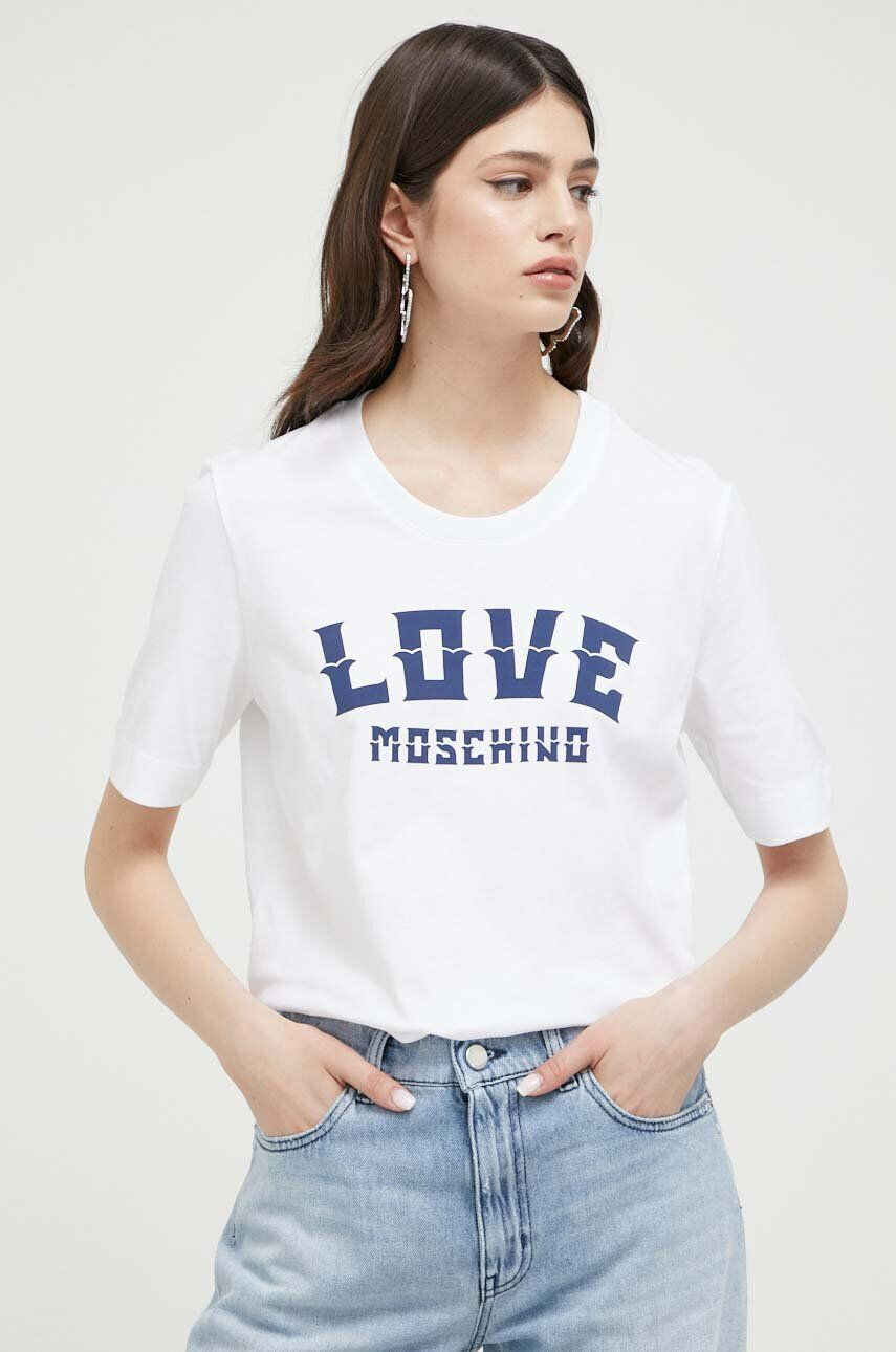 Love Moschino Bombažna kratka majica bela barva - Pepit.si