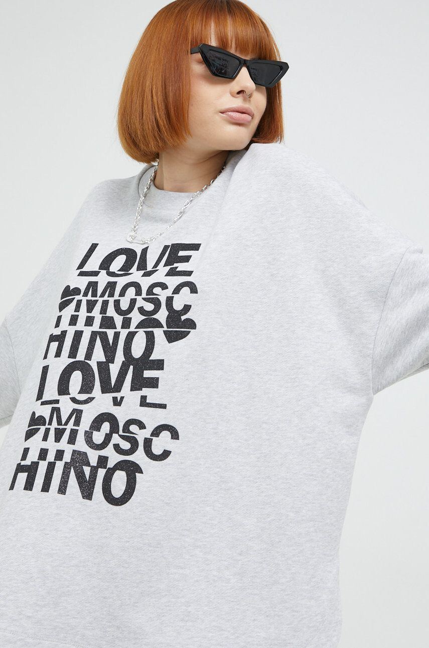 Love Moschino Bombažen pulover ženska siva barva - Pepit.si