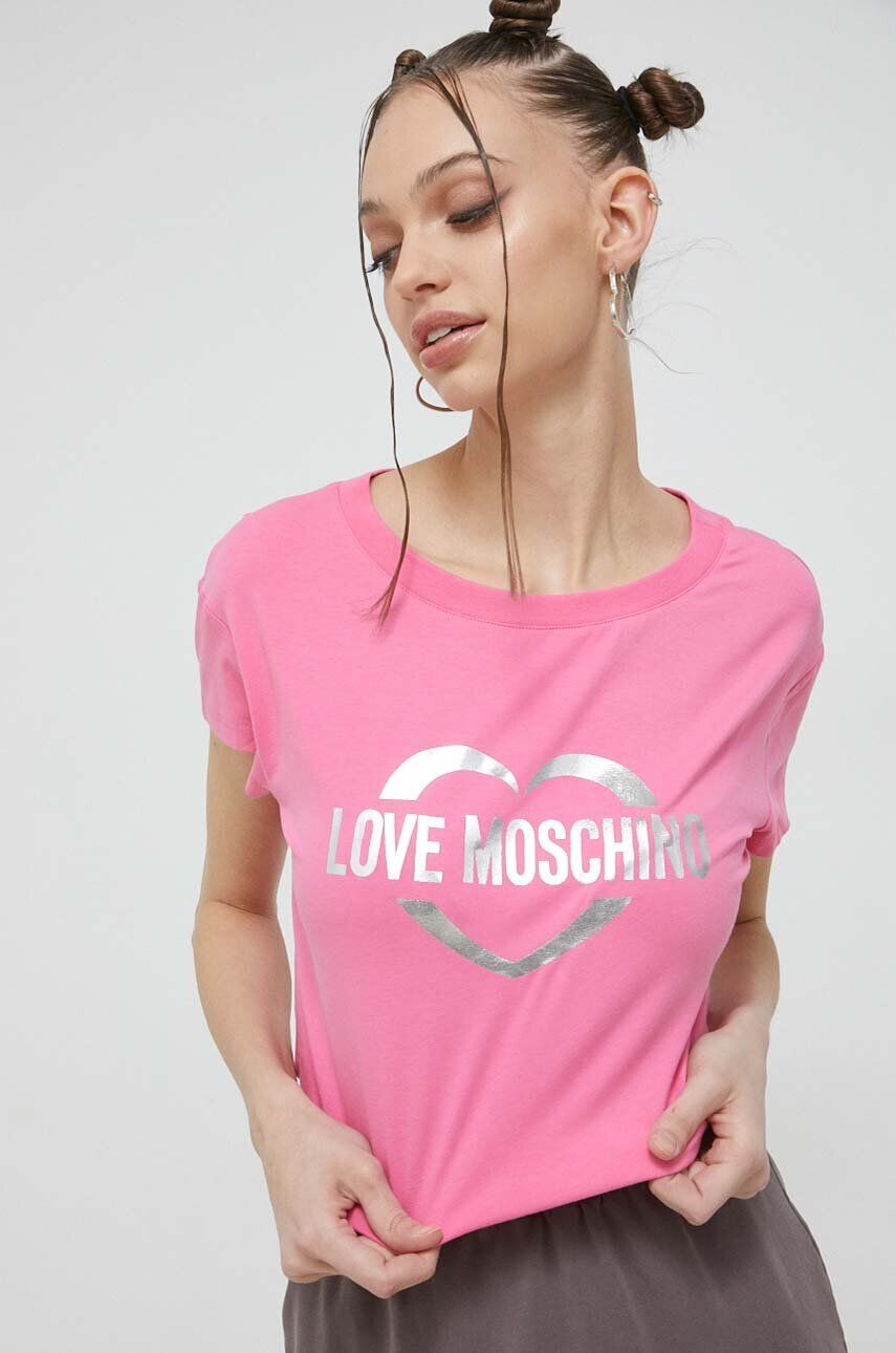 Love Moschino Kratka majica ženski roza barva - Pepit.si