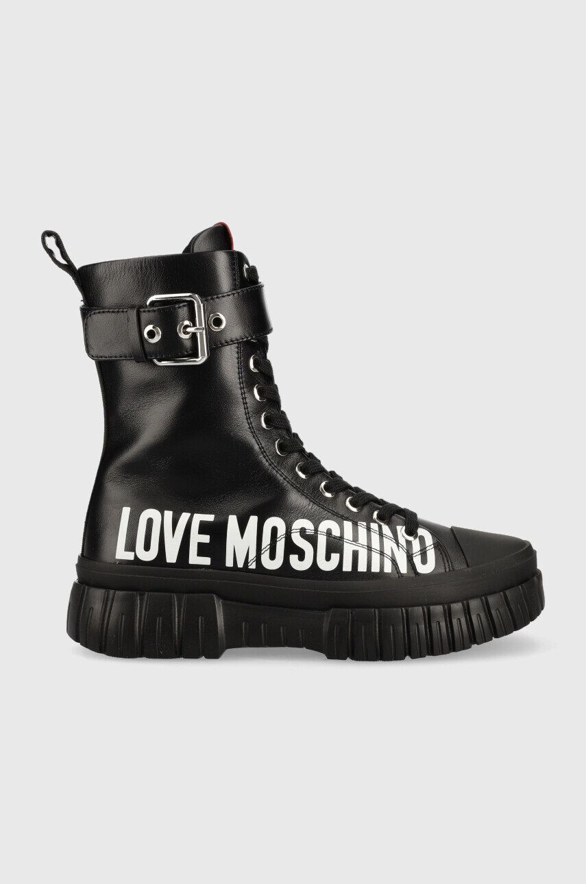 Love Moschino Usnjeni nizki škornji ženski črna barva JA24025G1HIA0000 - Pepit.si