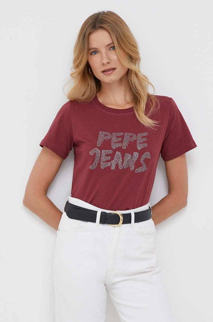 Pepe Jeans Bombažna kratka majica Bria bordo barva - Pepit.si