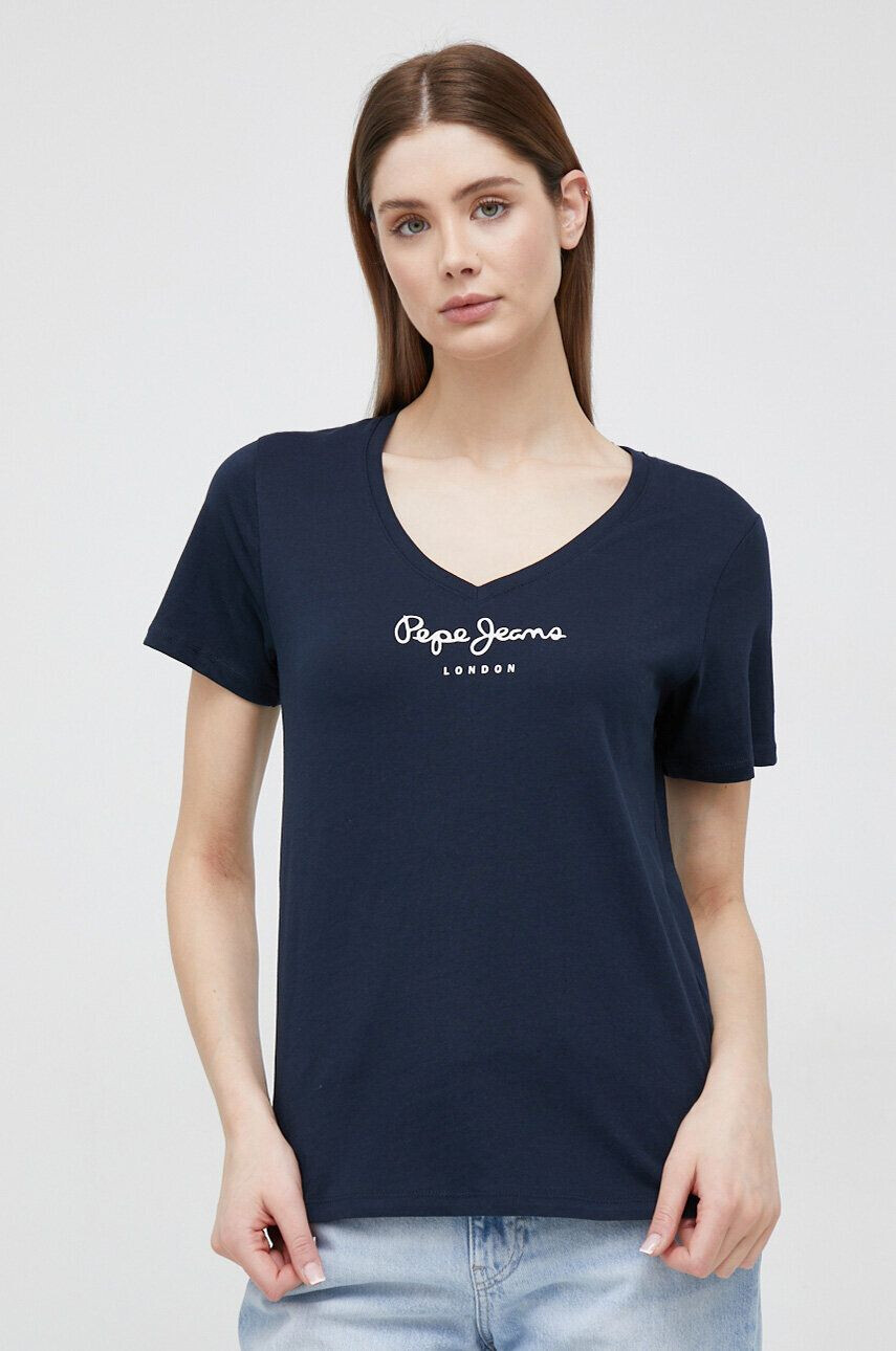 Pepe Jeans Bombažna kratka majica Wendy V Neck mornarsko modra barva - Pepit.si