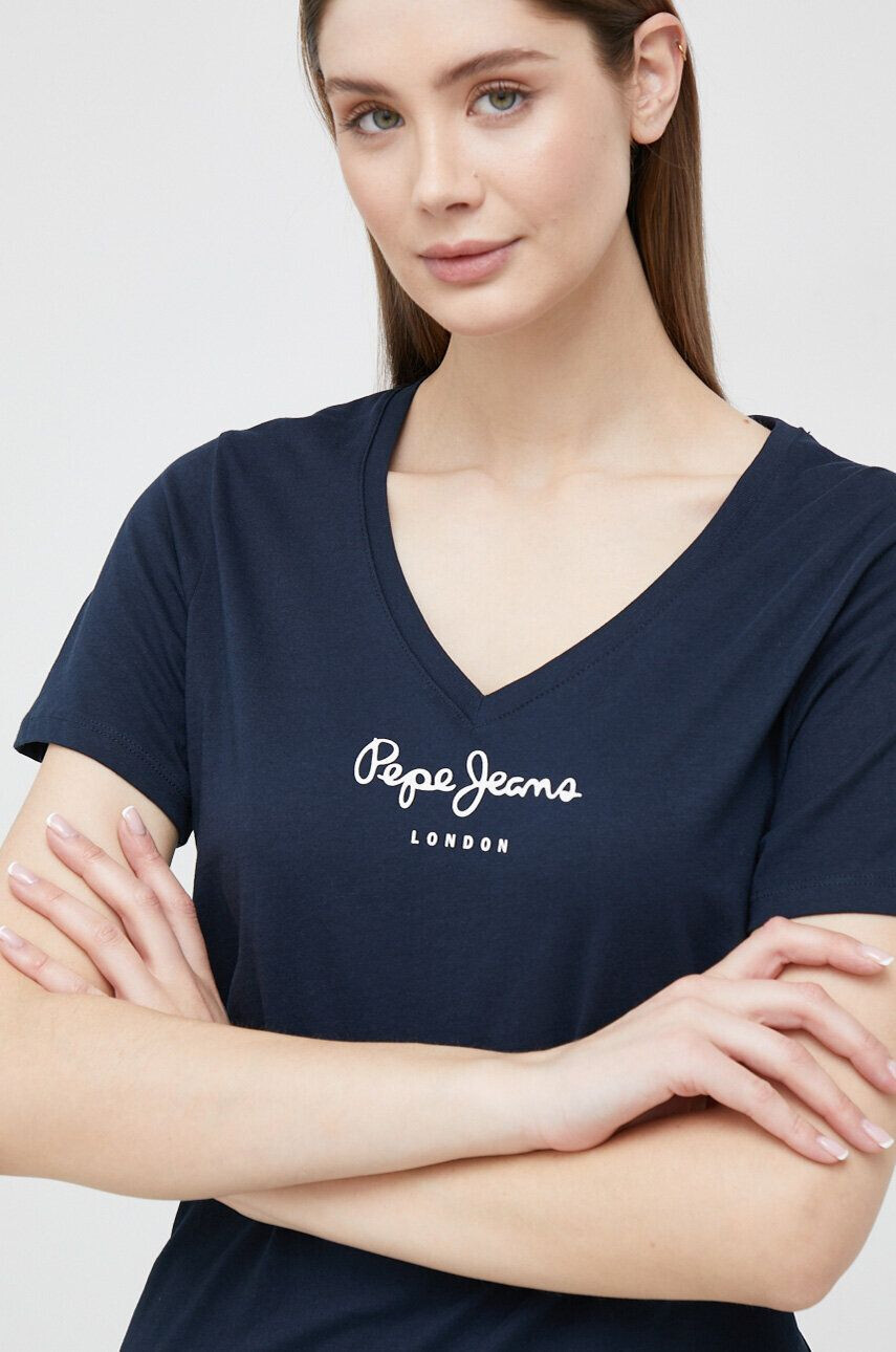 Pepe Jeans Bombažna kratka majica Wendy V Neck mornarsko modra barva - Pepit.si