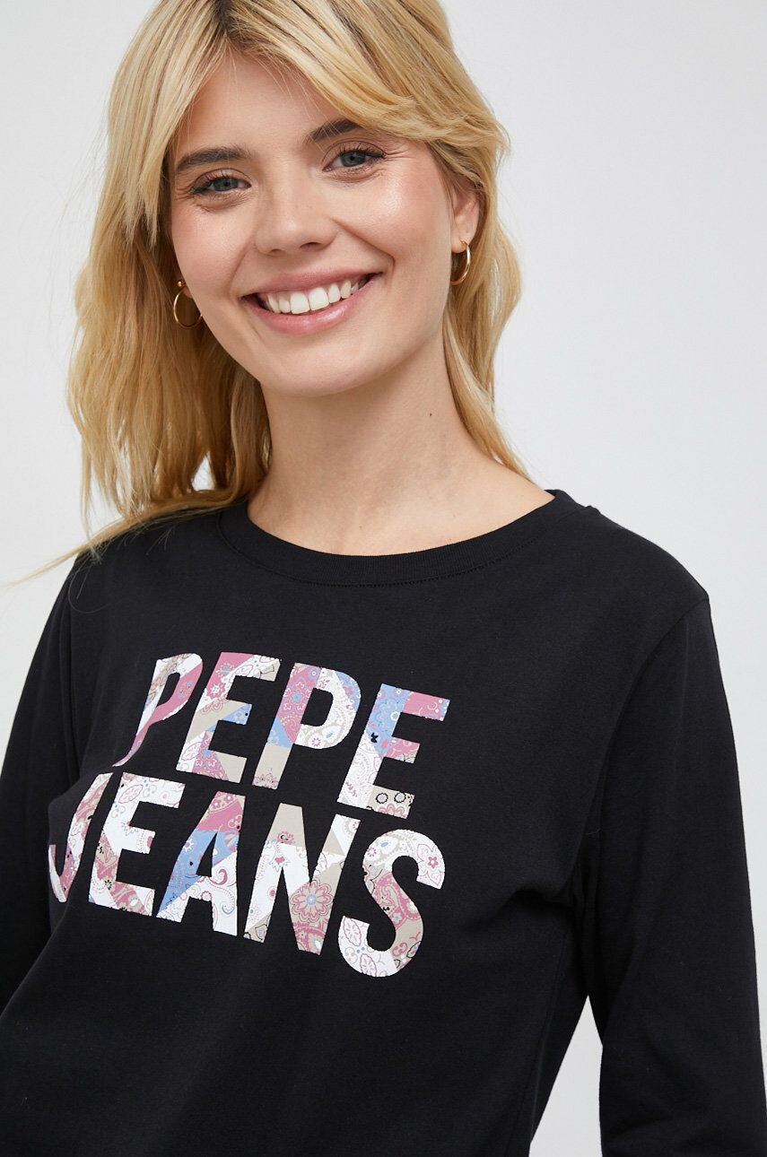 Pepe Jeans Bombažna majica z dolgimi rokavi Luna črna barva - Pepit.si