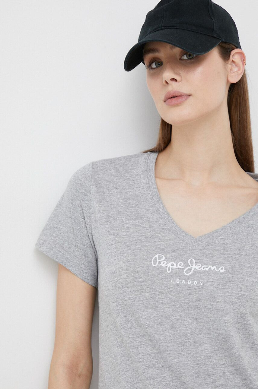 Pepe Jeans Kratka majica Wendy V Neck ženska siva barva - Pepit.si