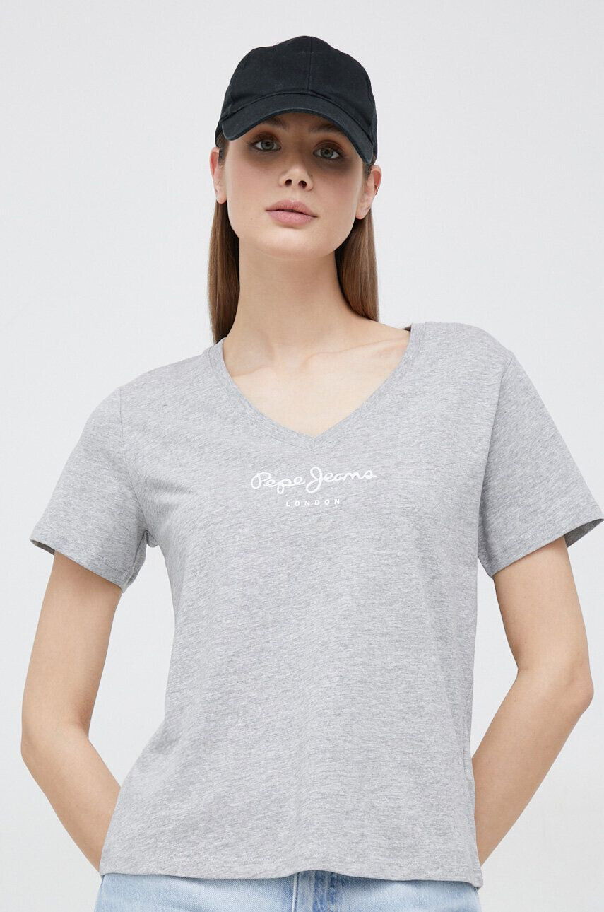 Pepe Jeans Kratka majica Wendy V Neck ženska siva barva - Pepit.si