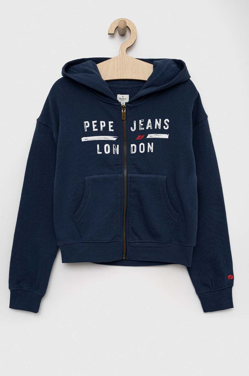 Pepe Jeans Otroški bombažen pulover mornarsko modra barva s kapuco - Pepit.si