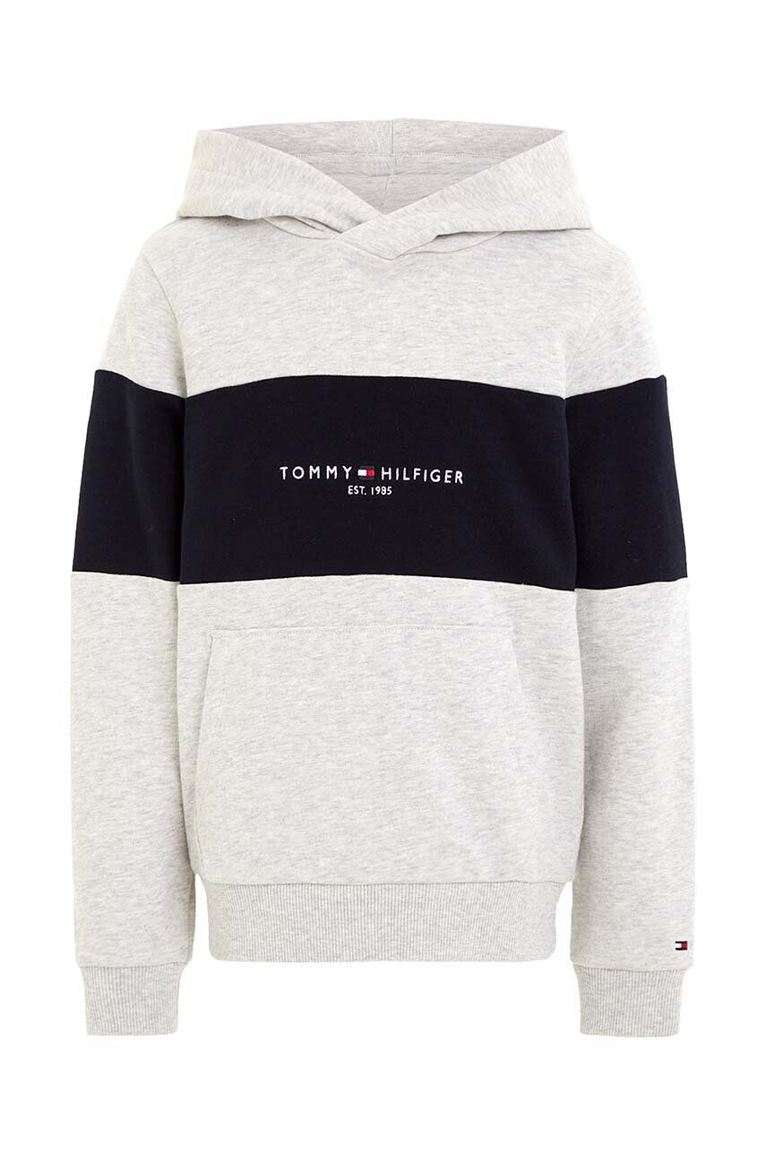 Tommy Hilfiger Otroški bombažen pulover siva barva s kapuco - Pepit.si