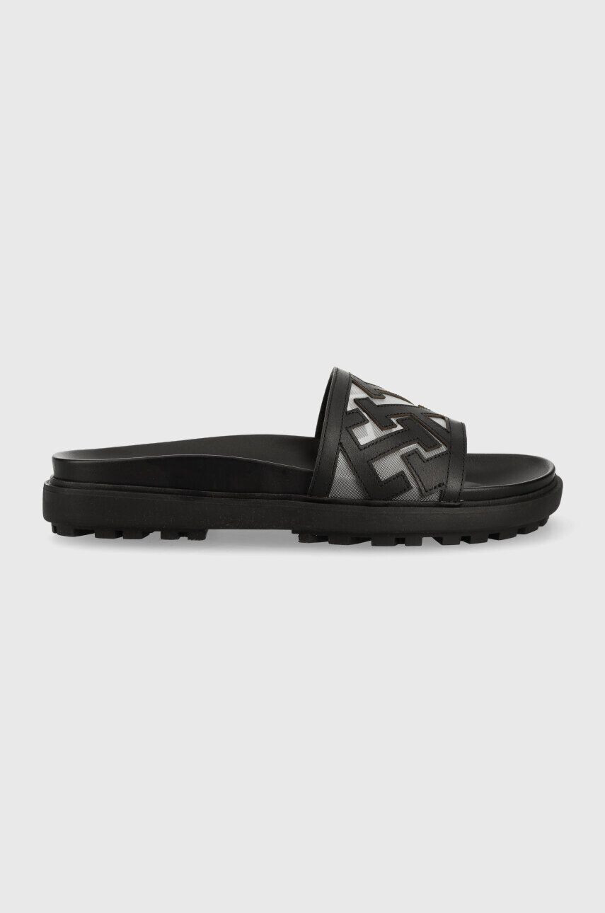 Tommy Hilfiger Usnjeni natikači TH ELEVATED FLAT SANDAL ženski črna barva FW0FW07407 - Pepit.si