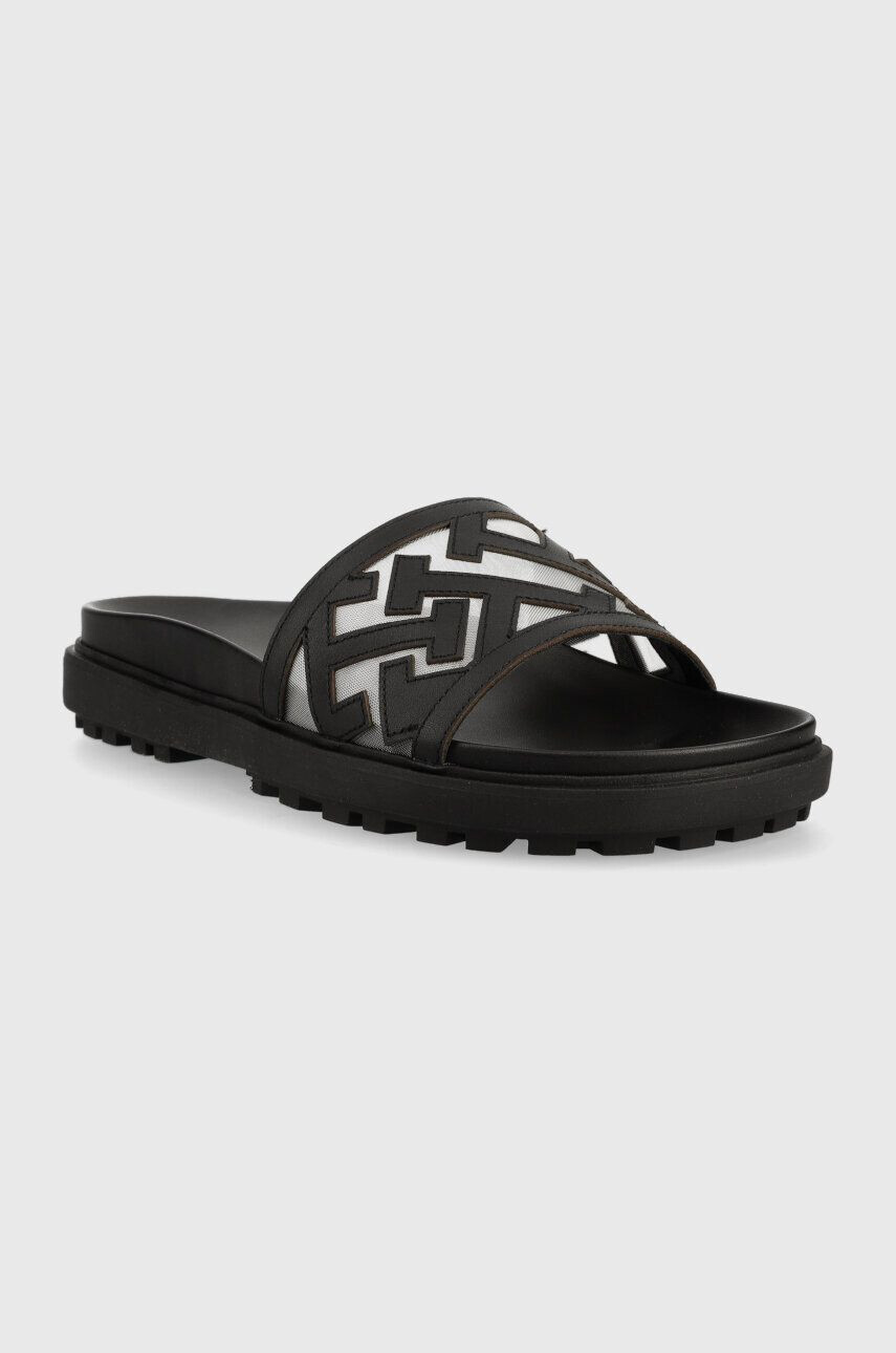 Tommy Hilfiger Usnjeni natikači TH ELEVATED FLAT SANDAL ženski črna barva FW0FW07407 - Pepit.si