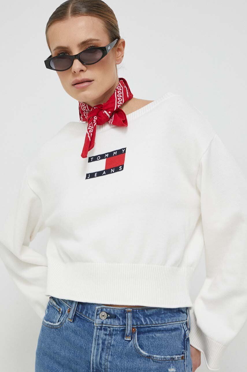 Tommy Jeans Bombažen pulover bela barva - Pepit.si