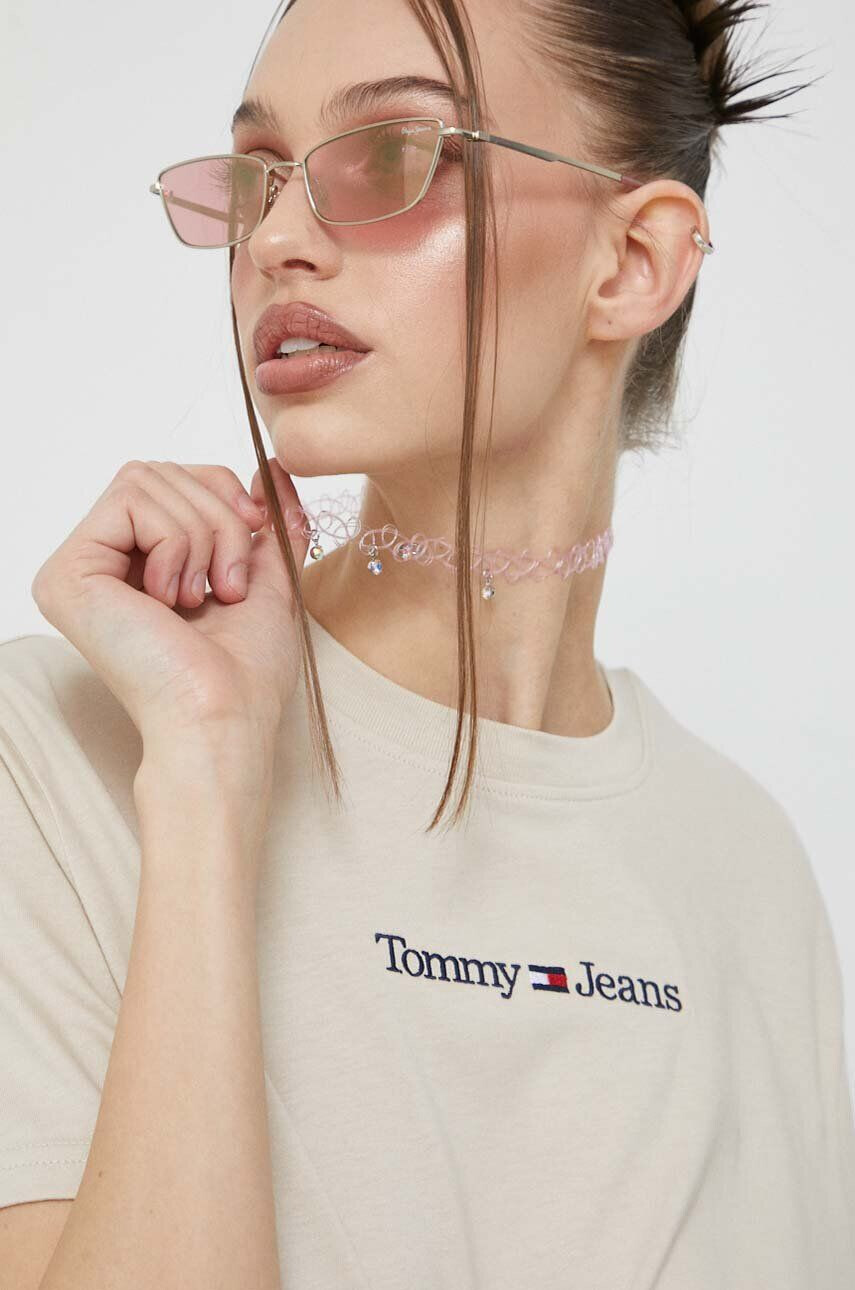 Tommy Jeans Bombažna kratka majica bež barva - Pepit.si