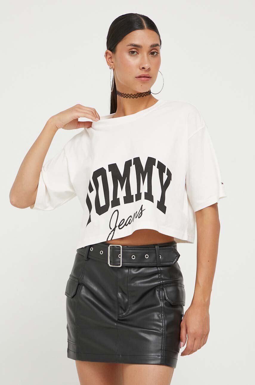 Tommy Jeans Bombažna kratka majica bež barva - Pepit.si