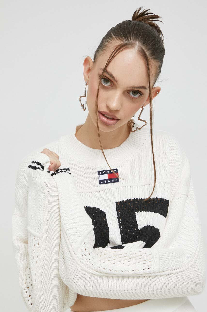 Tommy Jeans Pulover ženski bež barva - Pepit.si