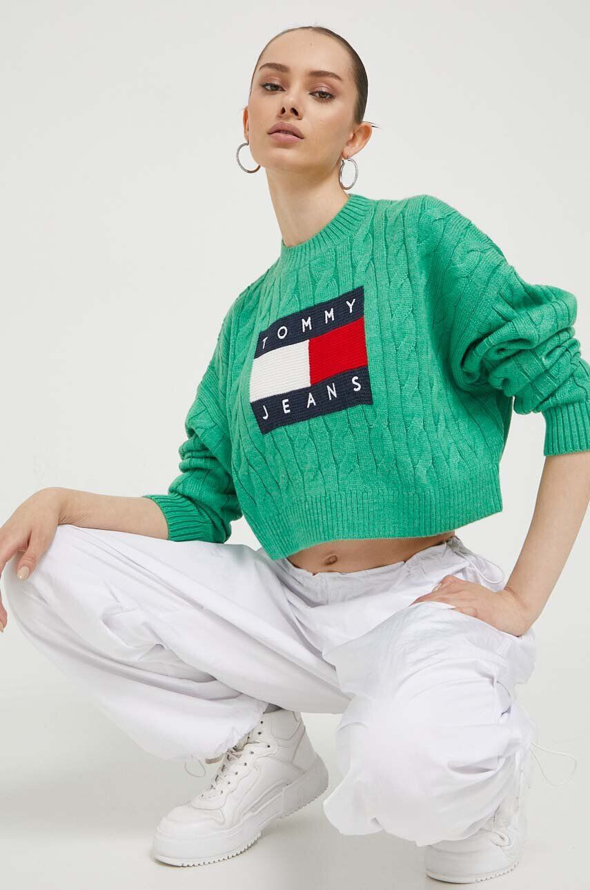 Tommy Jeans Pulover ženski zelena barva - Pepit.si