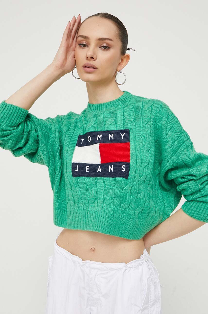 Tommy Jeans Pulover ženski zelena barva - Pepit.si