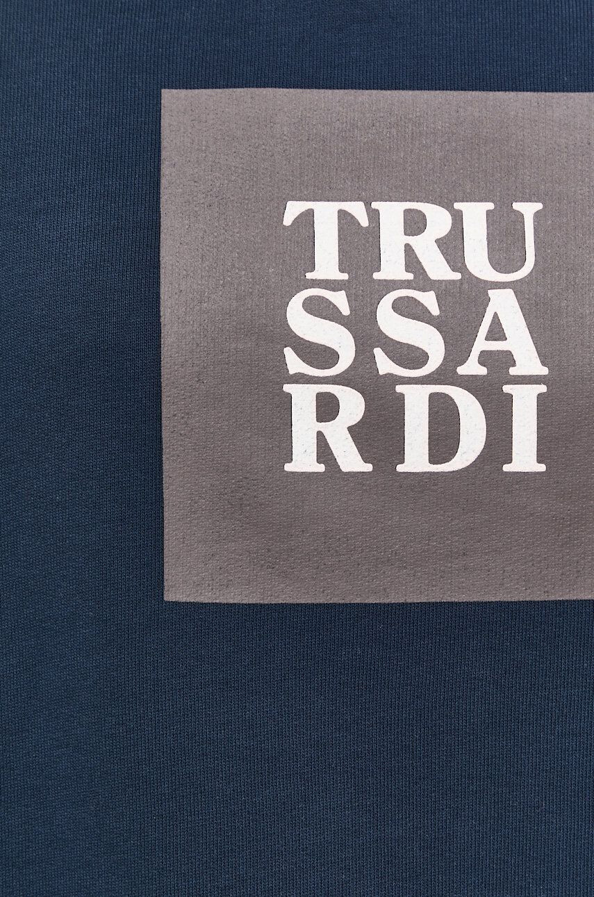 Trussardi Bombažen pulover ženska mornarsko modra barva s kapuco - Pepit.si