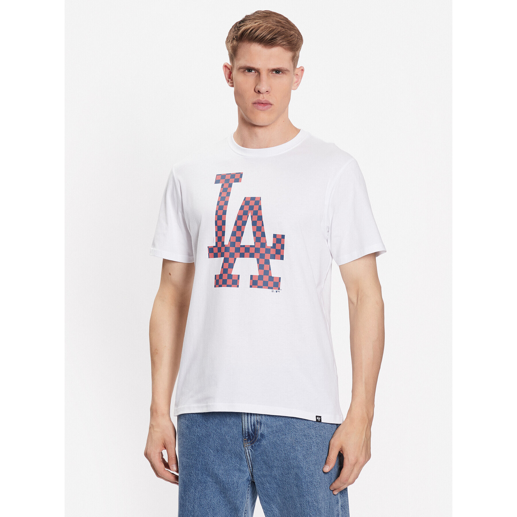 47 Brand Majica Los Angeles Dodgers Check Up '47 Echo Tee Bela Regular Fit - Pepit.si