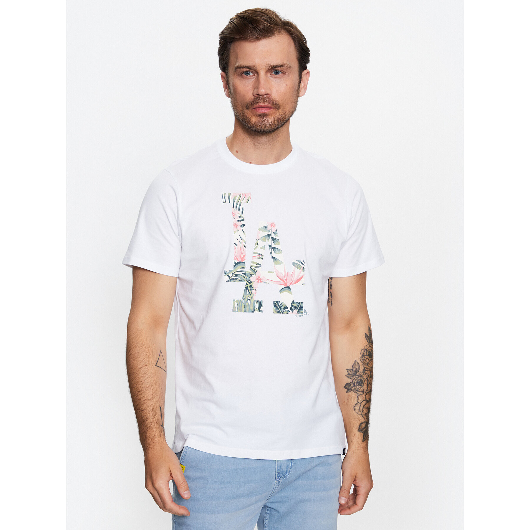 47 Brand Majica Los Angeles Dodgers Coastal Floral '47 Echo Tee Bela Regular Fit - Pepit.si