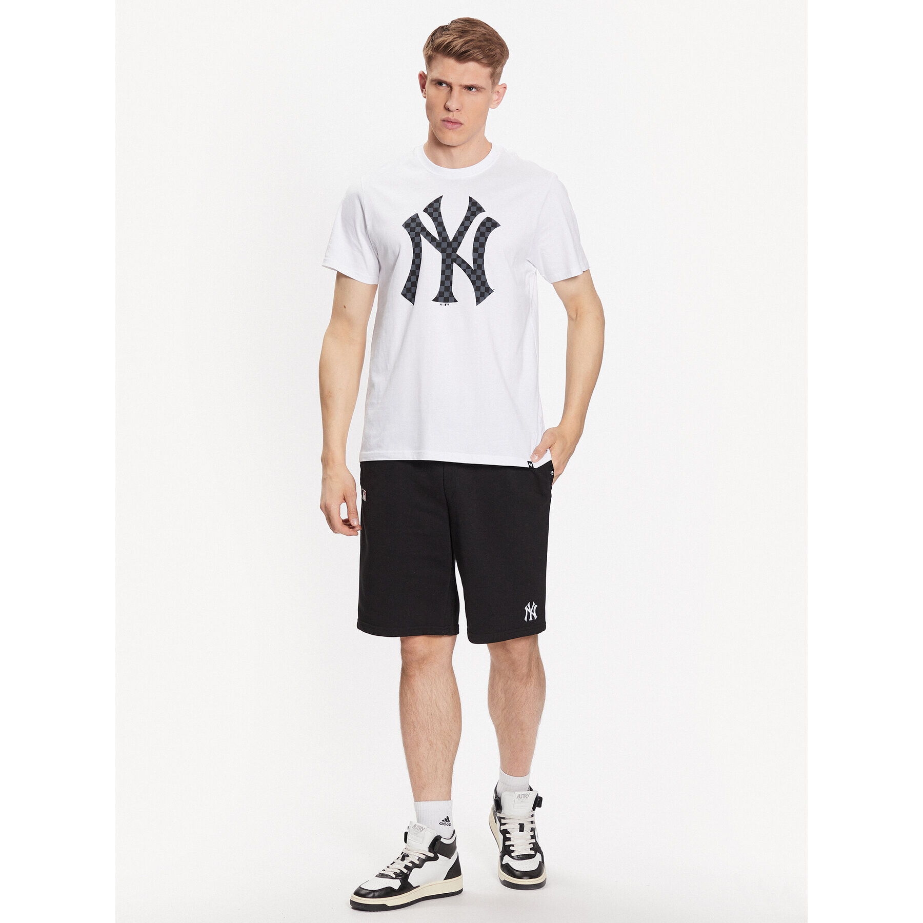 47 Brand Majica New York Yankees Checkerboard '47 Echo Tee Bela Regular Fit - Pepit.si