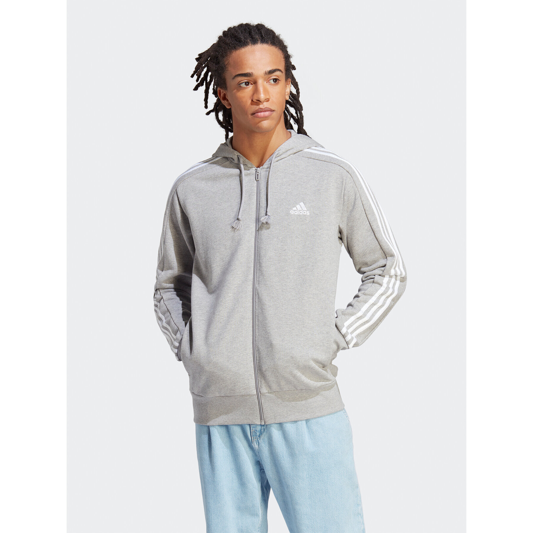 adidas Jopa Essentials French Terry 3-Stripes Full-Zip Hoodie IC9833 Siva Regular Fit - Pepit.si