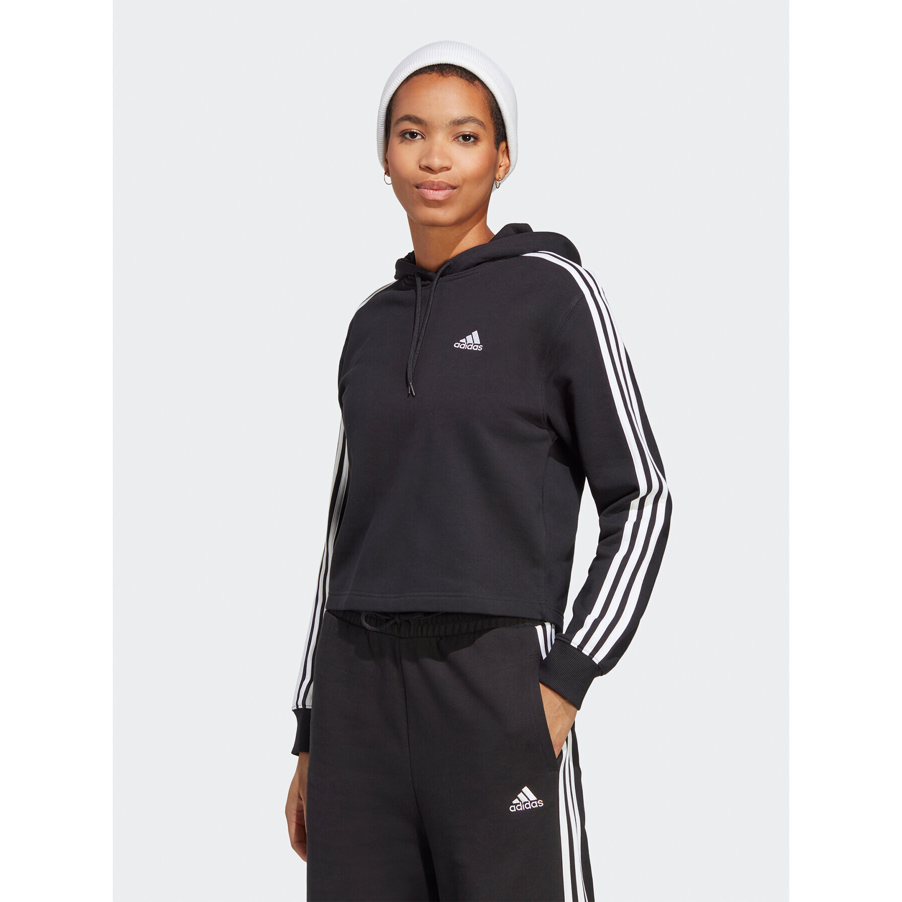 adidas Jopa Essentials 3-Stripes French Terry Crop Hoodie IC8767 Črna Regular Fit - Pepit.si