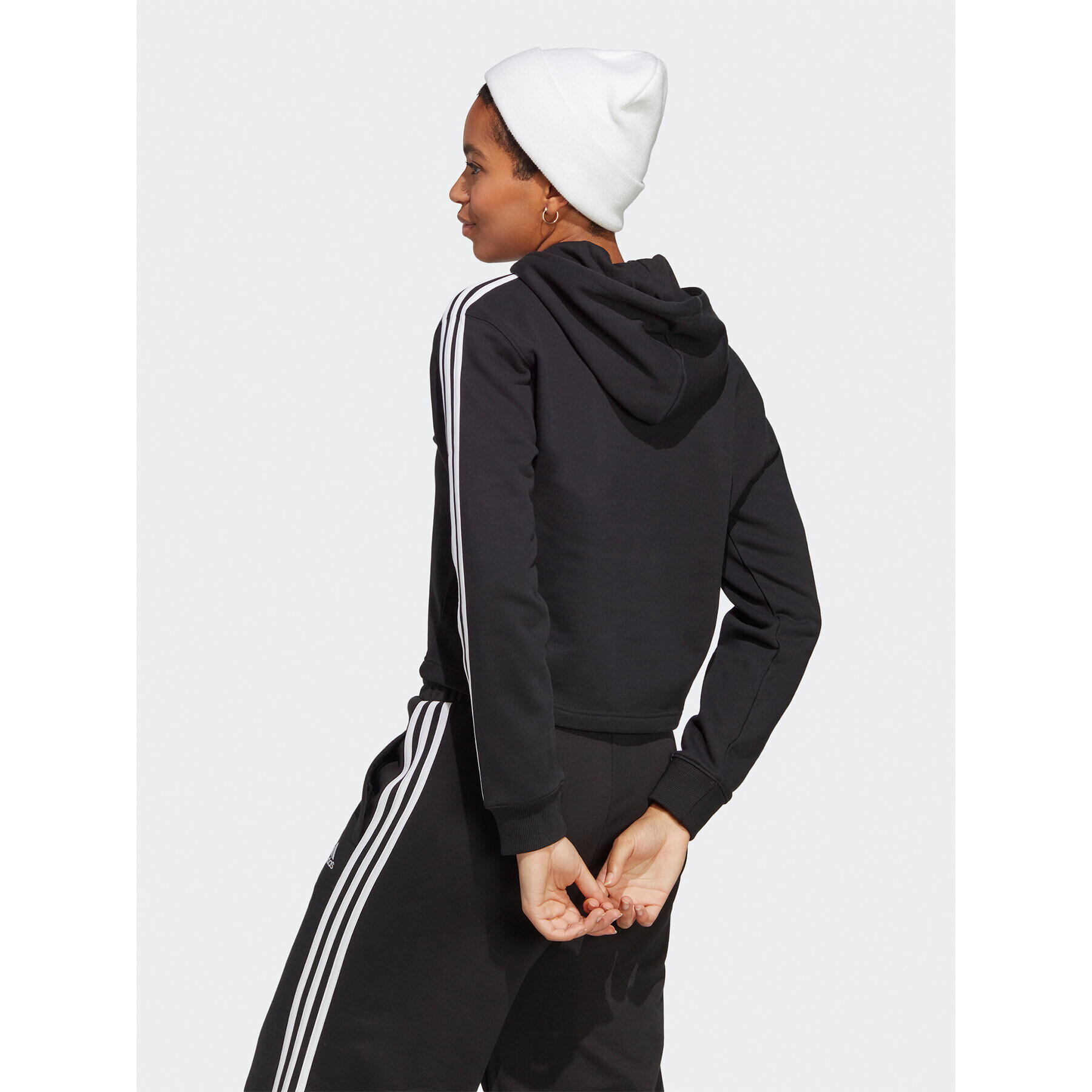 adidas Jopa Essentials 3-Stripes French Terry Crop Hoodie IC8767 Črna Regular Fit - Pepit.si