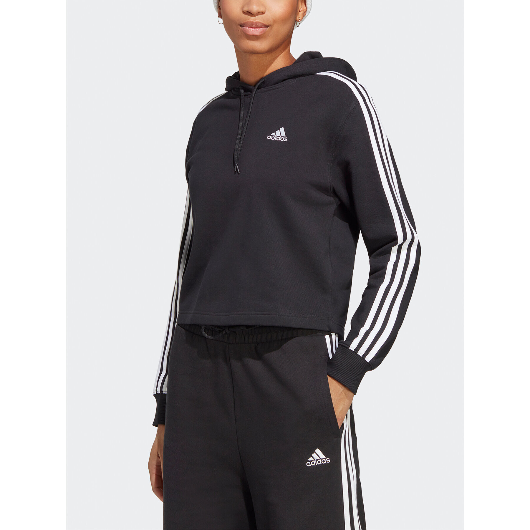 adidas Jopa Essentials 3-Stripes French Terry Crop Hoodie IC8767 Črna Regular Fit - Pepit.si