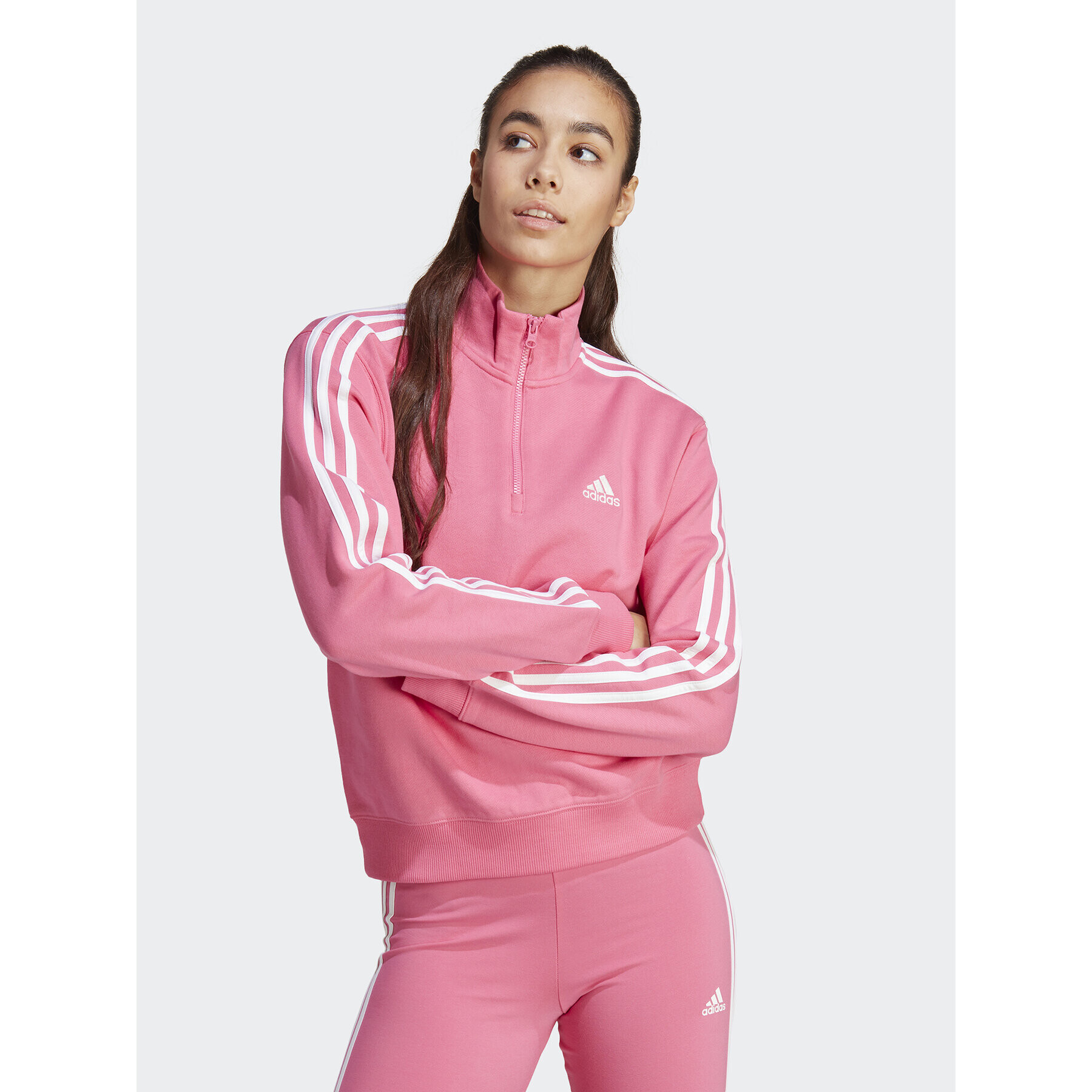 adidas Jopa Essentials 3-Stripes Quarter-Zip Sweatshirt IC9944 Roza Regular Fit - Pepit.si