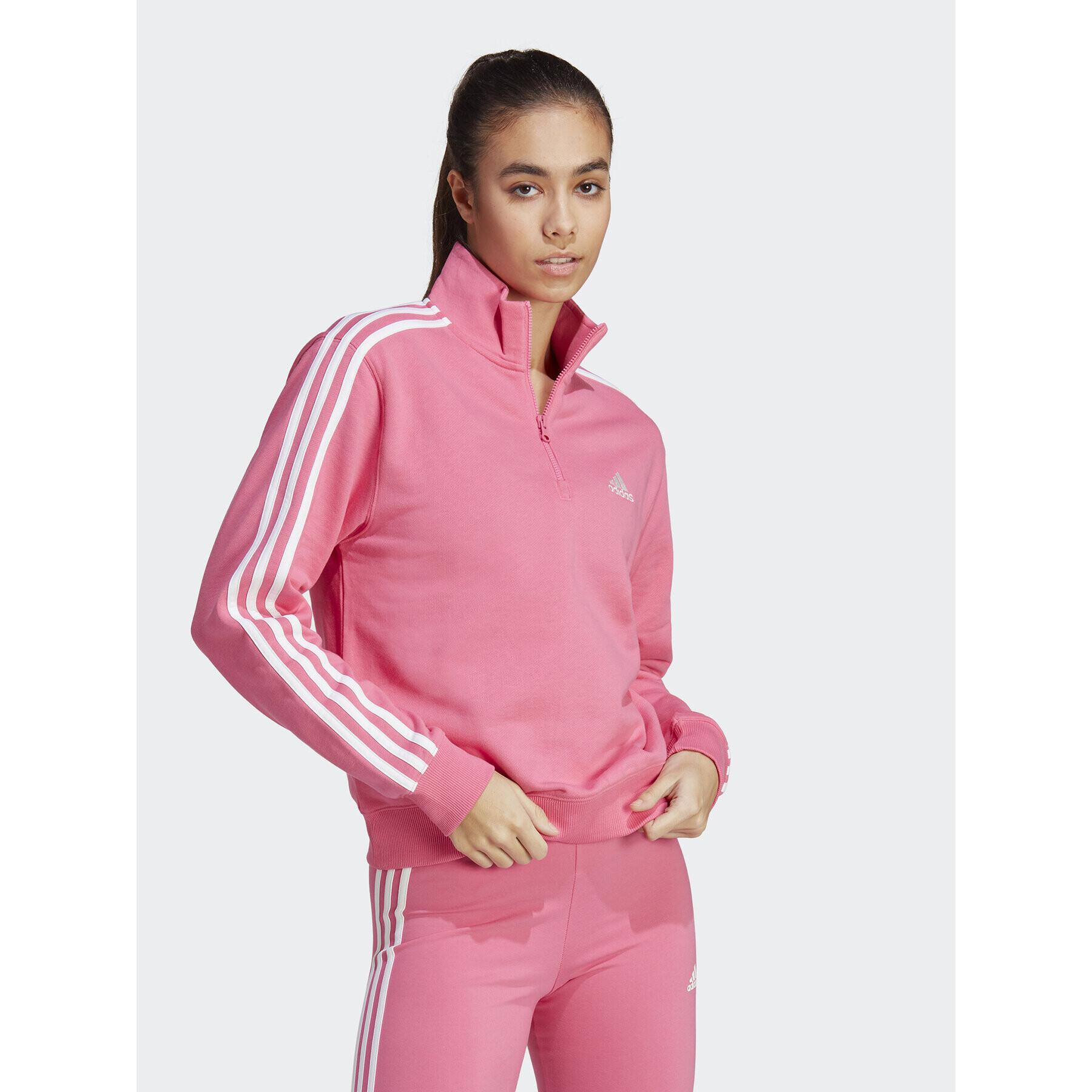 adidas Jopa Essentials 3-Stripes Quarter-Zip Sweatshirt IC9944 Roza Regular Fit - Pepit.si