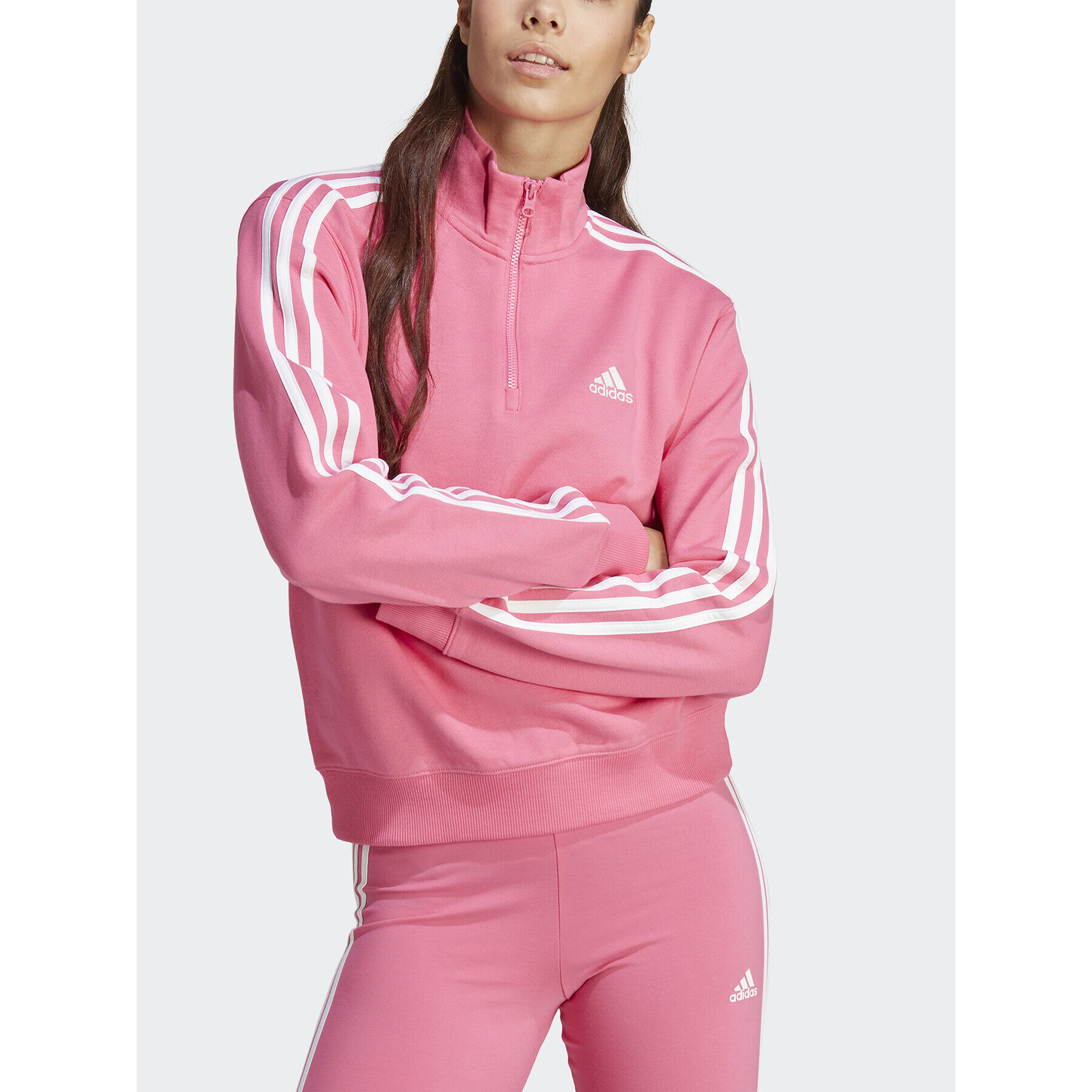 adidas Jopa Essentials 3-Stripes Quarter-Zip Sweatshirt IC9944 Roza Regular Fit - Pepit.si