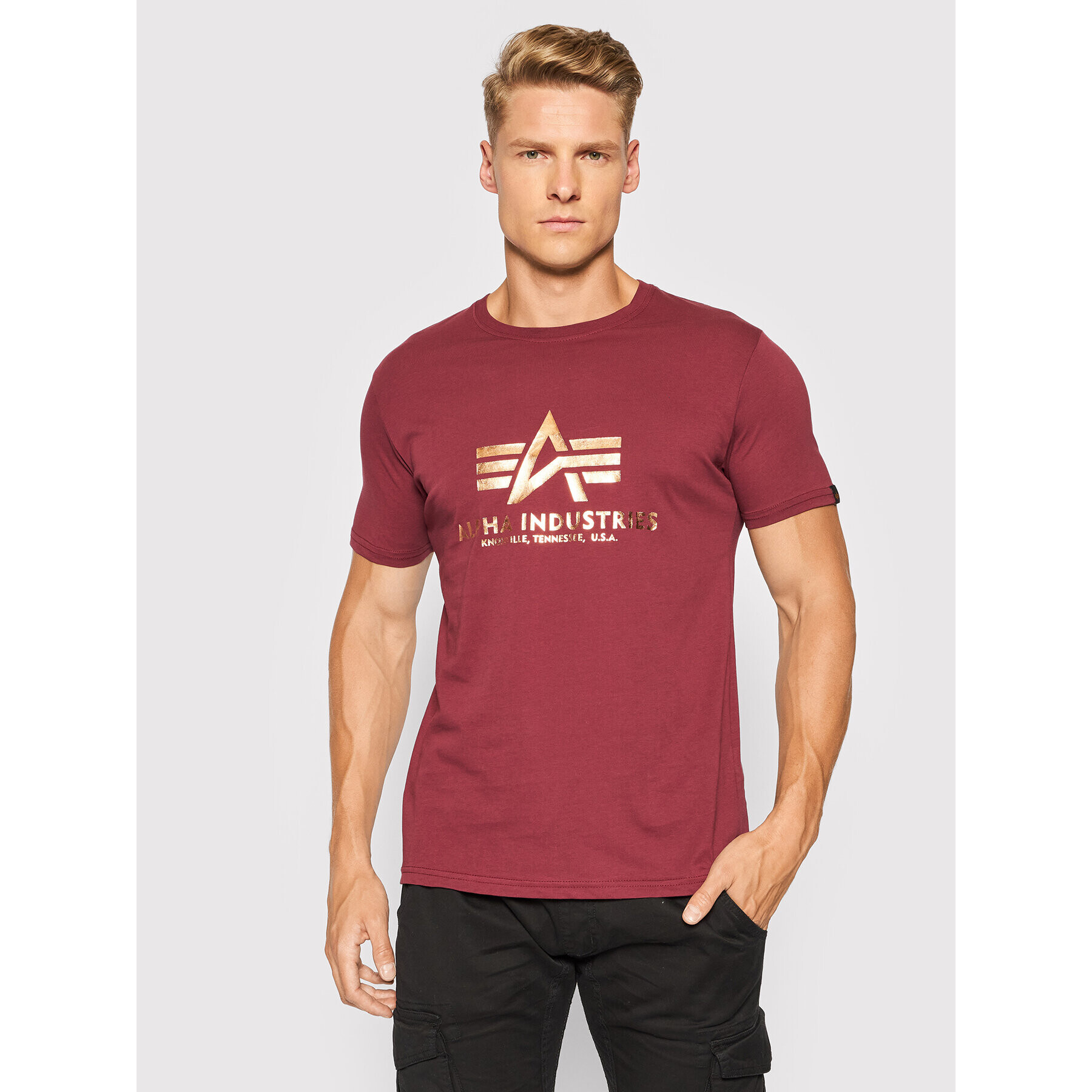 Alpha Industries Majica Basic Foll Print 100501FP Bordo rdeča Regular Fit - Pepit.si