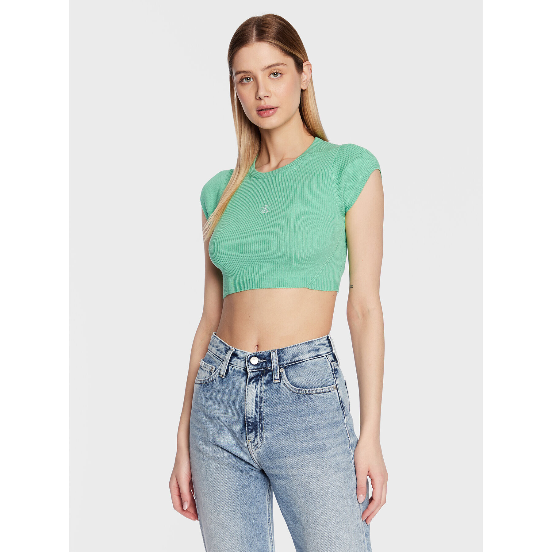 Calvin Klein Jeans Bluza J20J220709 Zelena Cropped Fit - Pepit.si