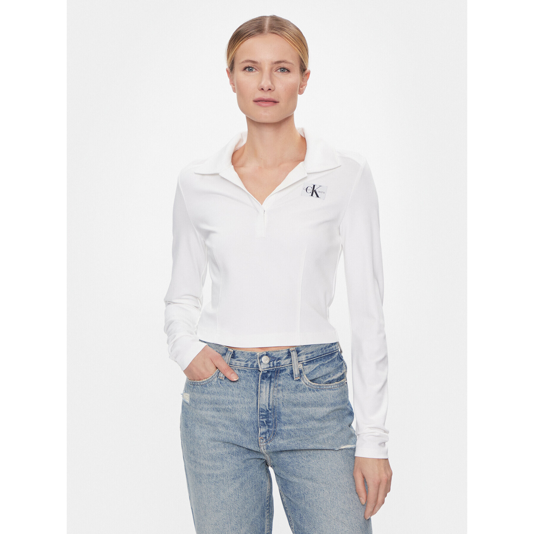 Calvin Klein Jeans Bluza Polo Collar Milano Regular Top J20J222556 Bela Regular Fit - Pepit.si