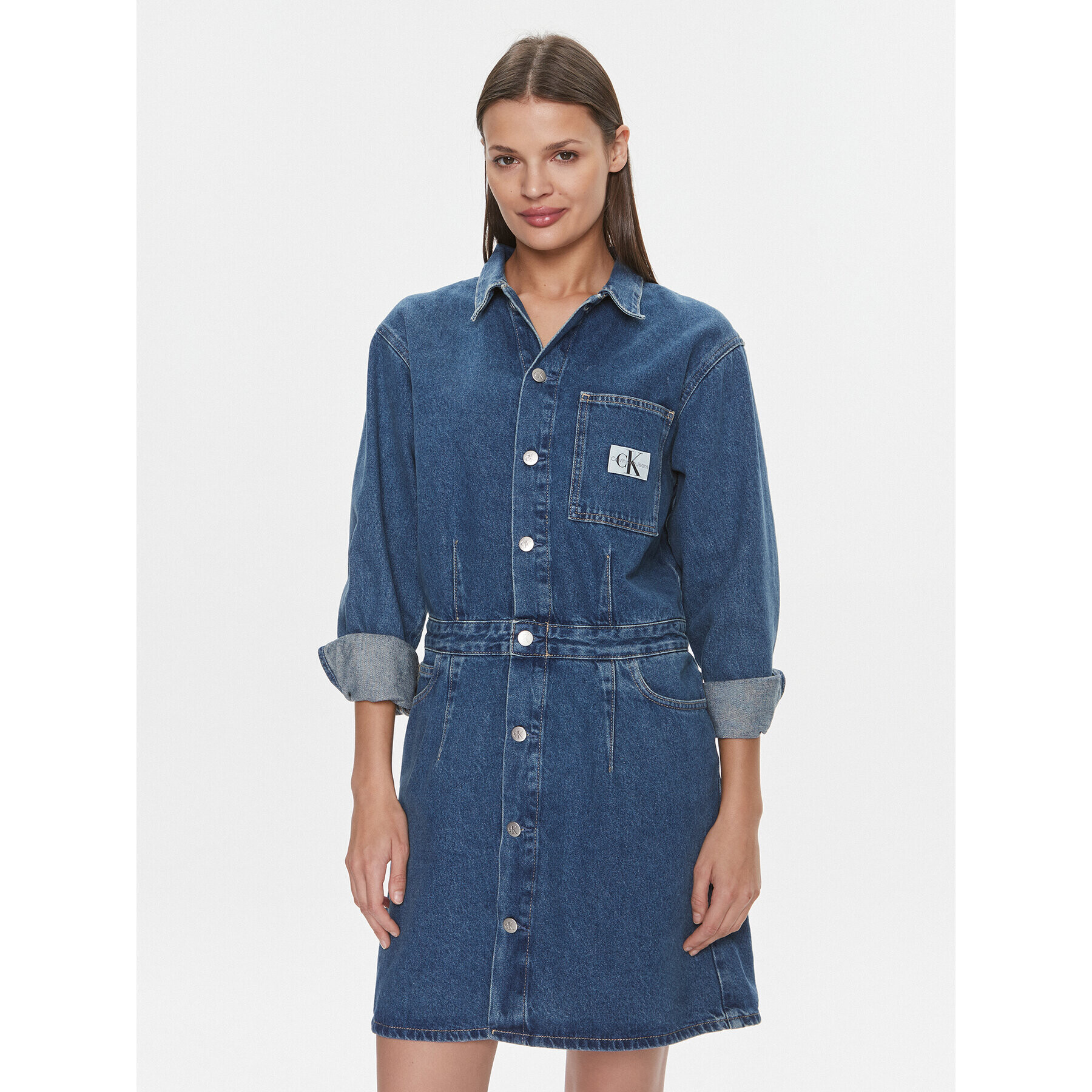 Calvin Klein Jeans Jeans obleka Darted Denim Shirt Dress J20J222461 Mornarsko modra Slim Fit - Pepit.si