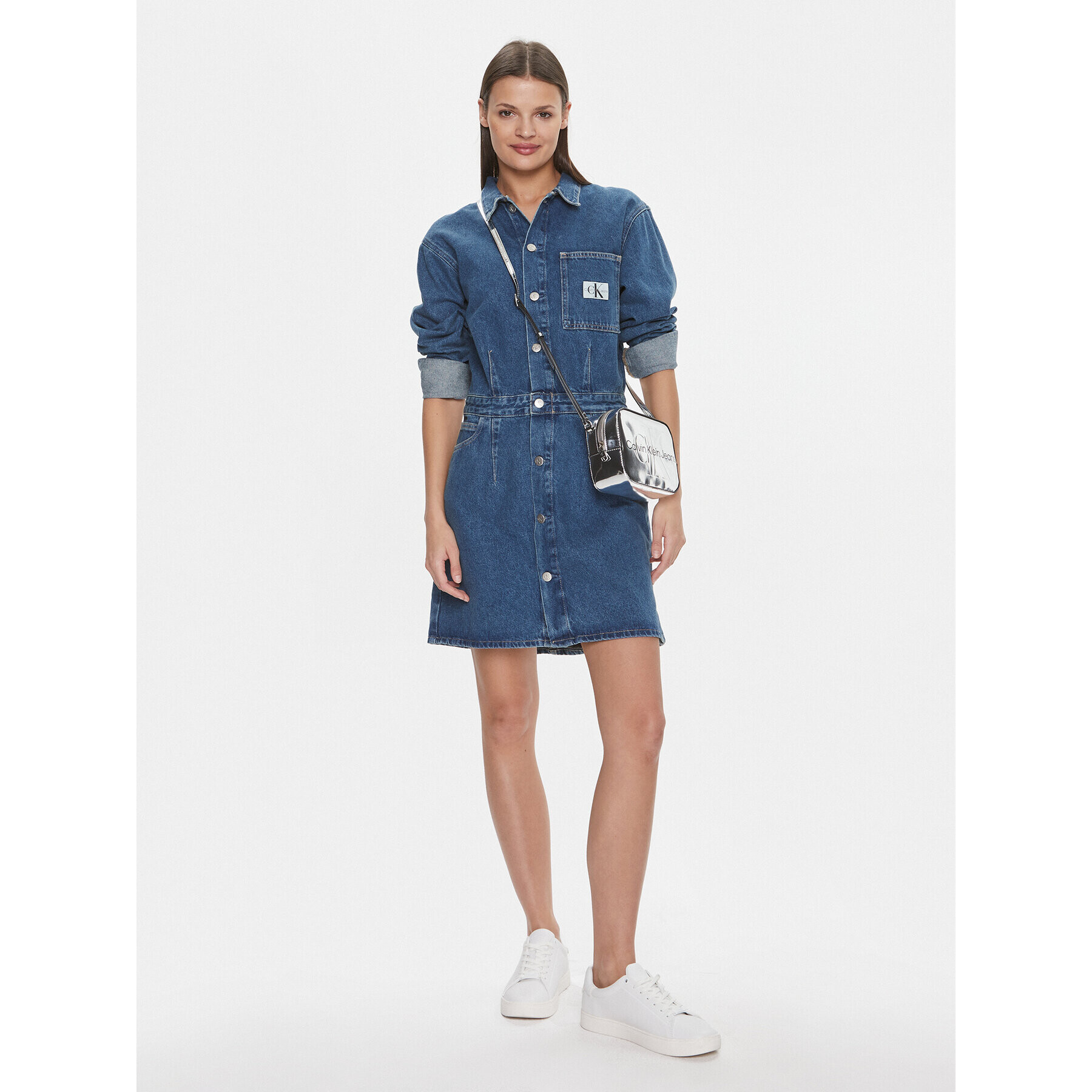 Calvin Klein Jeans Jeans obleka Darted Denim Shirt Dress J20J222461 Mornarsko modra Slim Fit - Pepit.si