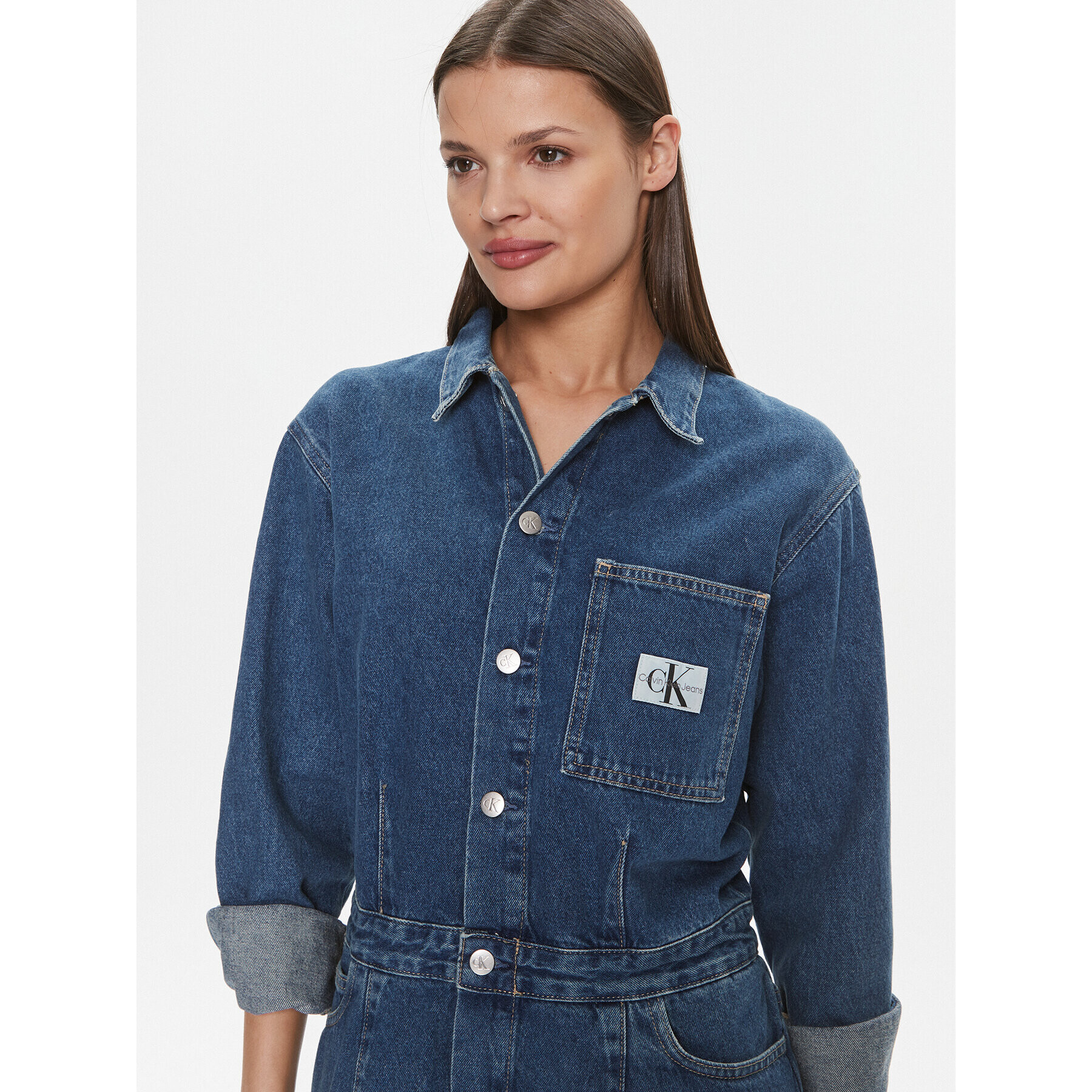 Calvin Klein Jeans Jeans obleka Darted Denim Shirt Dress J20J222461 Mornarsko modra Slim Fit - Pepit.si