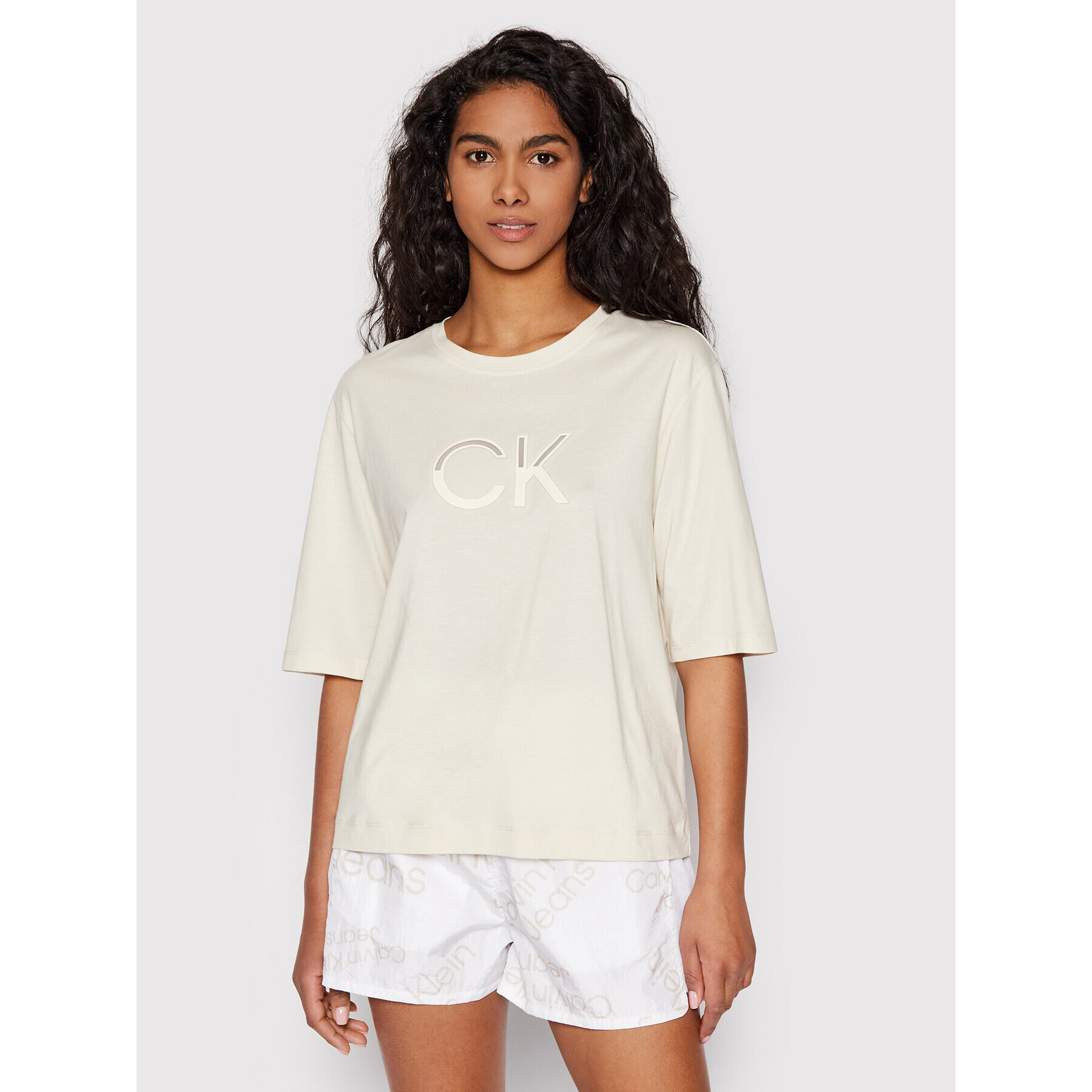 Calvin Klein Majica Mesh Logo K20K203752 Bež Relaxed Fit - Pepit.si