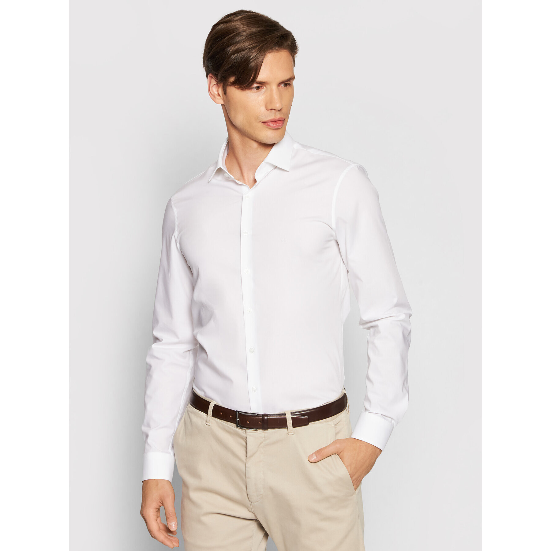 Calvin Klein Srajca 2ply Poplin Stretch Slim Shirt K10K103025 Bela Slim Fit - Pepit.si