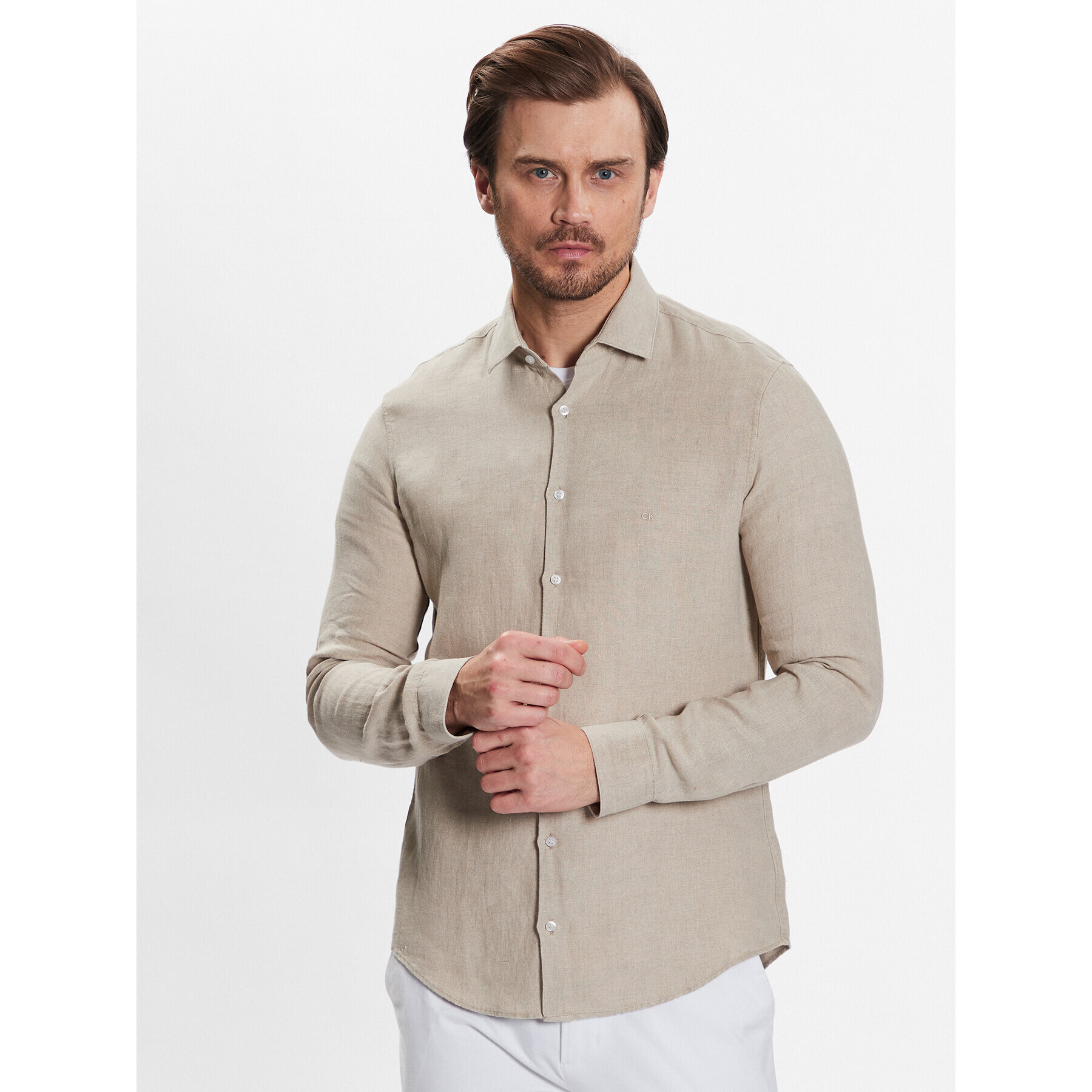 Calvin Klein Srajca Linen Solid Slim Shirt K10K109286 Bež Slim Fit - Pepit.si