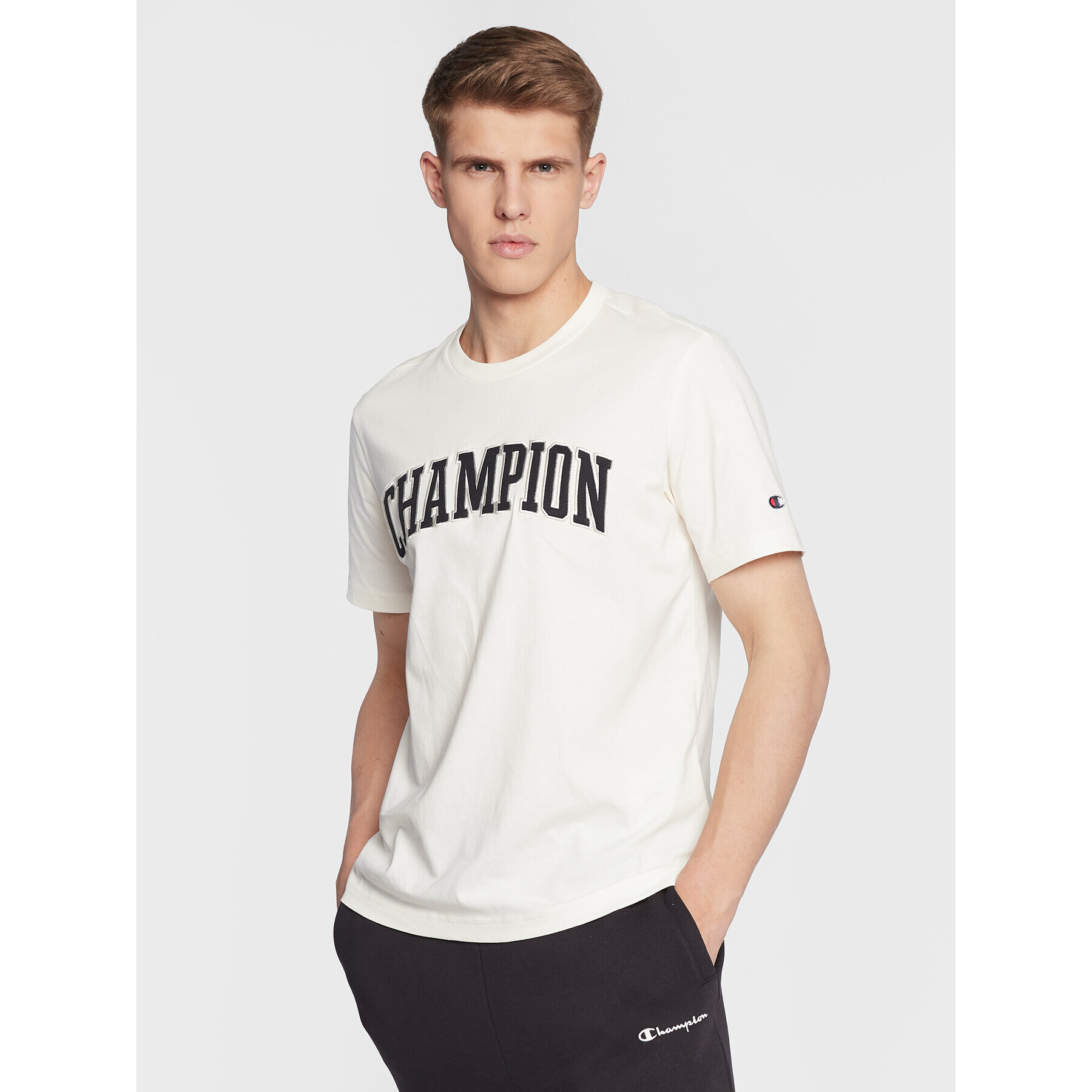 Champion Majica Bookstore Logo 217882 Écru Regular Fit - Pepit.si