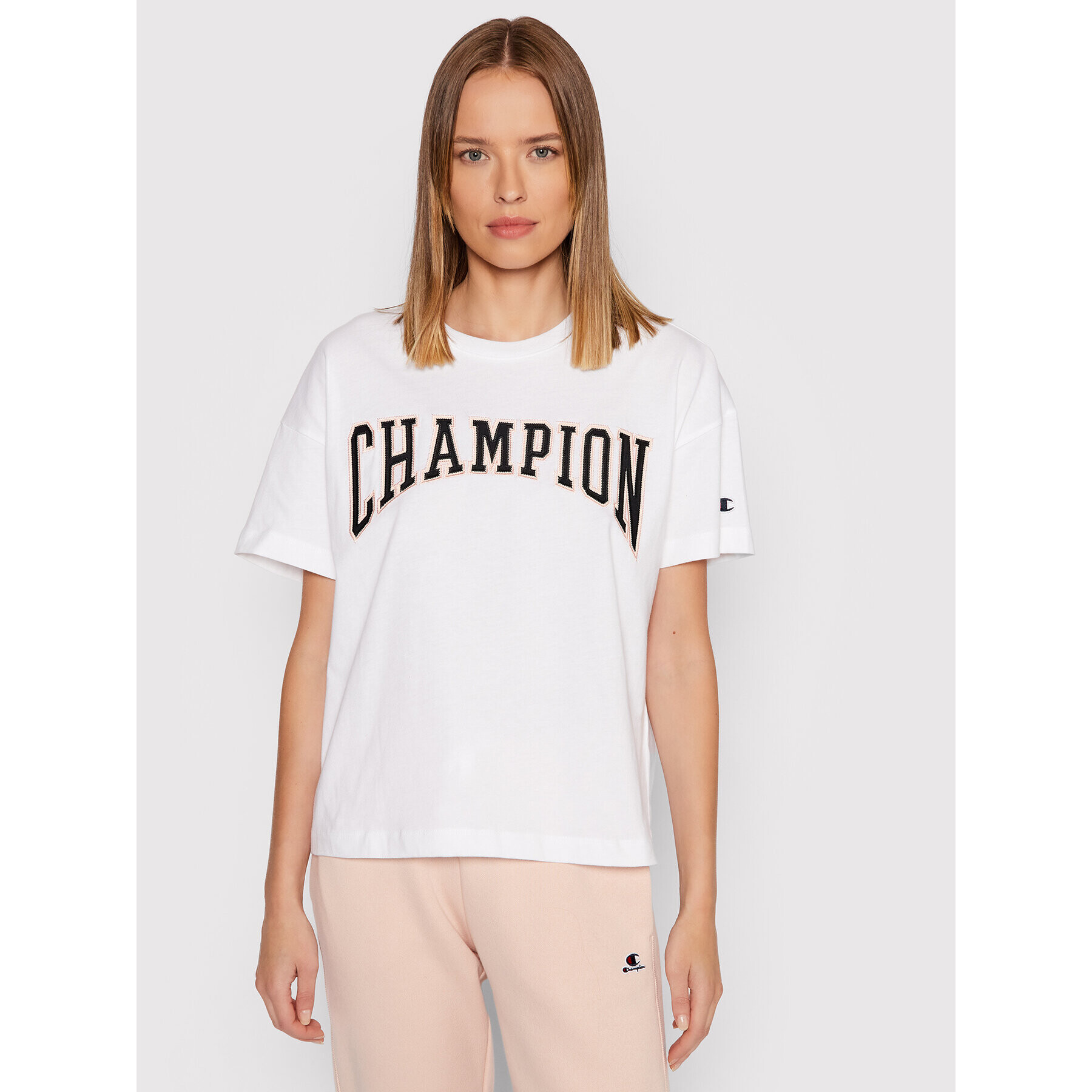 Champion Majica Collegiate Logo 114526 Bela Oversize - Pepit.si