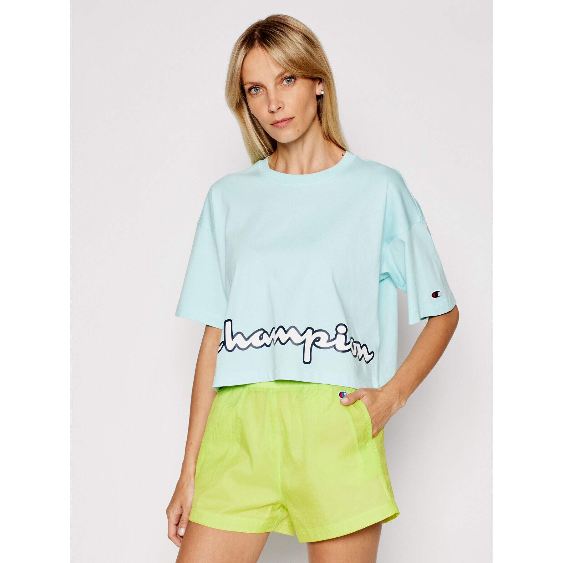 Champion Majica Cropped Script Logo Print Boxy 112655 Modra Custom Fit - Pepit.si